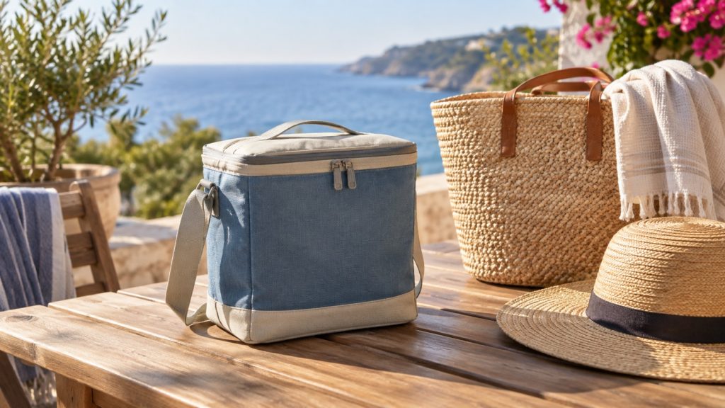 Hűtőtáska egy strandtáska mellett nyári napfényben